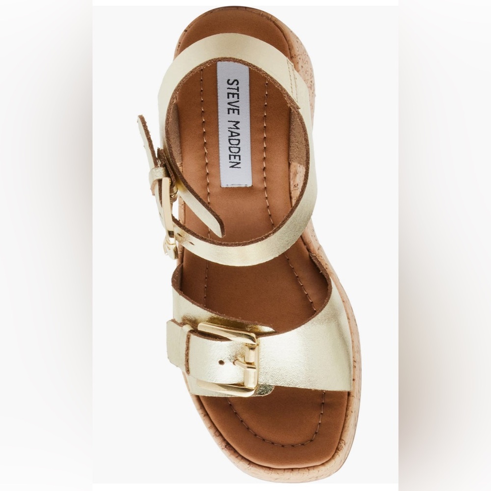 Steve Madden Cork-Textured Platform Wedge Sandals Gold Leather SZ 9 - Picture 4 of 15
